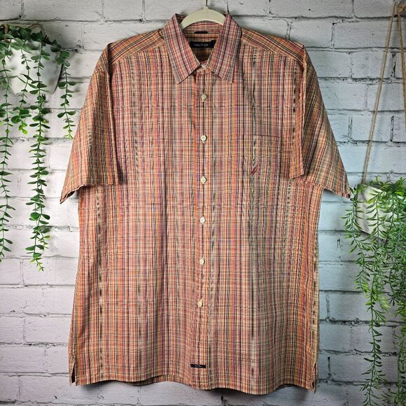 NAUTICA SHORT SLEEVE MENS BUTTON DOWN RUST TAN AND GOLD SIZE LARGE EUC - Picture 1 of 6